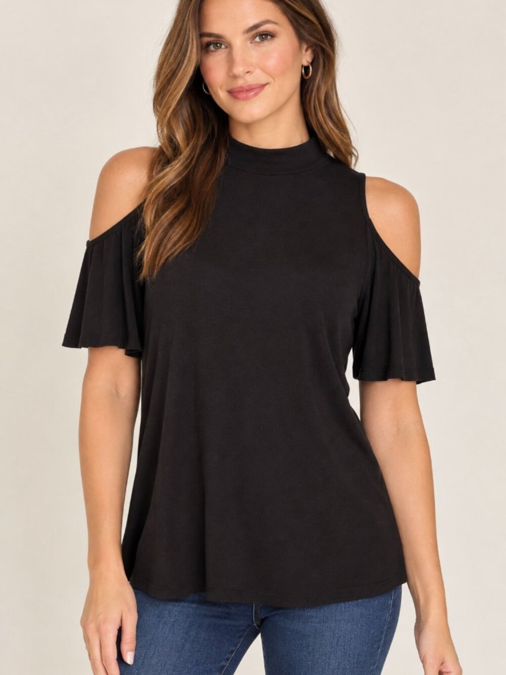 Cato Black Cold-Shoulder Mock Neck Short Sleeve Tee Size Large